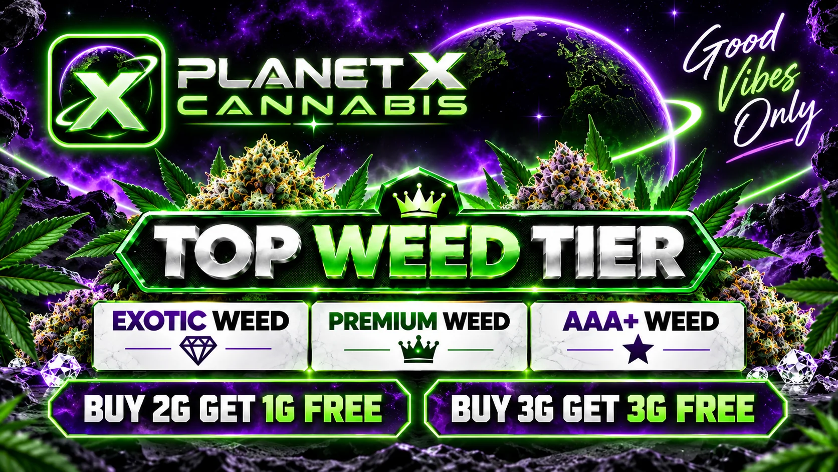 The Planet X Cannabis top weed tiers — Exotic, Premium and AAA+ The Planet X Cannabis in North York — Exotic, Premium and AAA+ top weed tiers